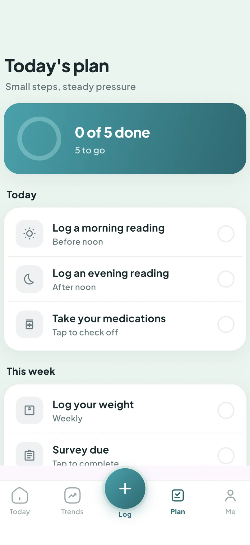 Today's Plan screen: a progress ring reading 0 of 5 done, with a checklist to log a morning reading, an evening reading, take medications, plus a weekly weight task.