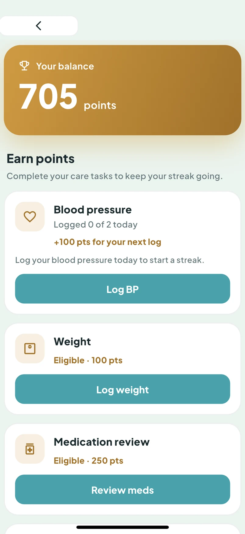 Rewards screen: a points balance of 705, and an Earn points list awarding points for logging blood pressure, weight and a medication review.