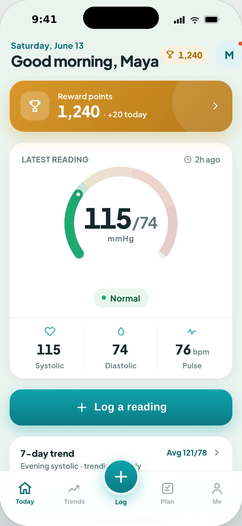 App home screen showing a blood pressure reading of 115 over 74, categorised as Normal, with reward points and a 7-day trend.